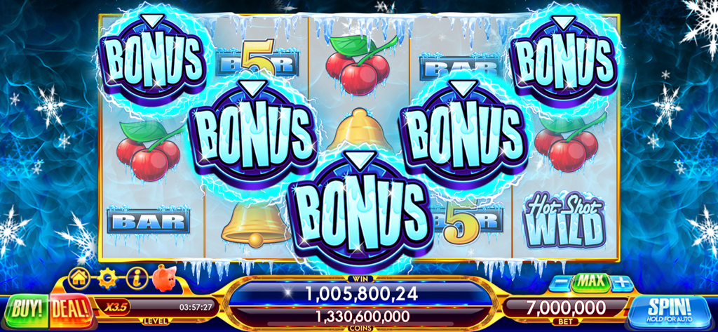 Capture d'écran du jeu de machines à sous Hot Shot Casino, sur le thème de l'hiver et comportant de nombreux symboles bonus sur les rouleaux.
