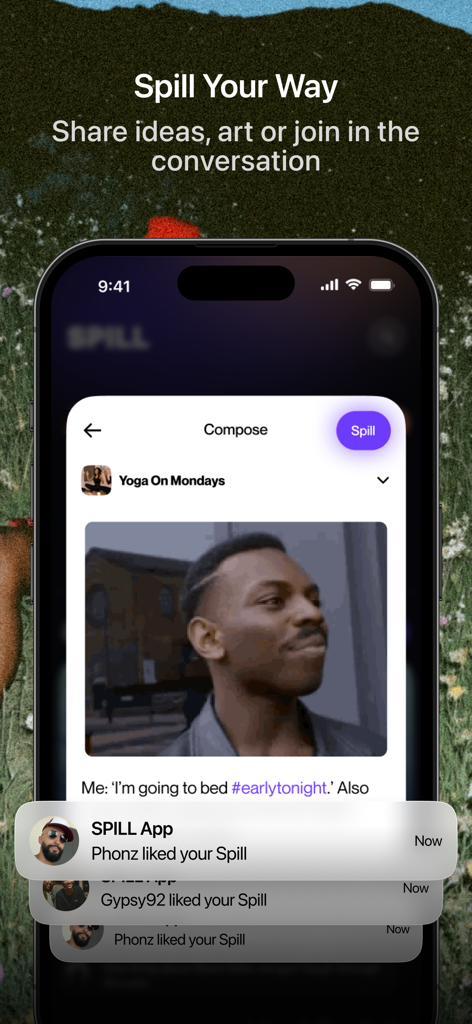 Spill-App - Um smartphone mostrando a interface do aplicativo Spill para compor uma postagem com um meme e notificações de mídia social