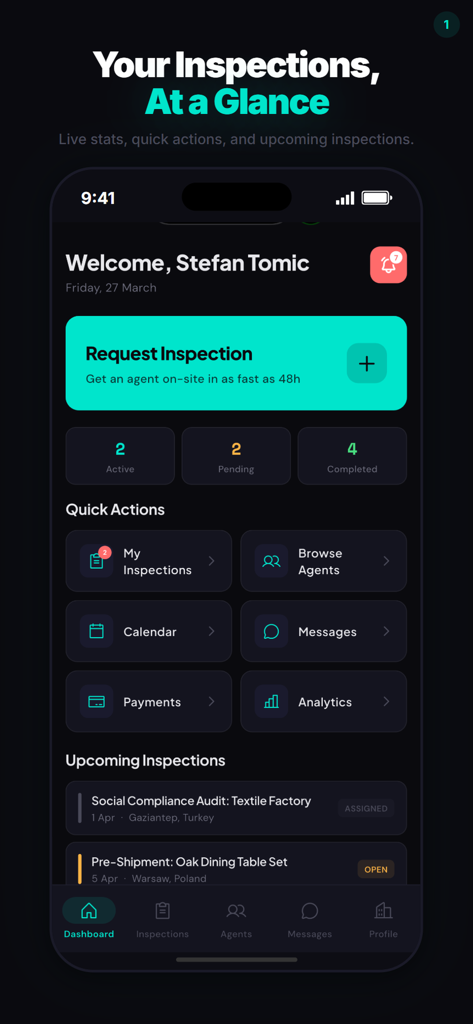 Spektor - Spektor mobile app dashboard showing active inspection counts and quick action links for quality control management