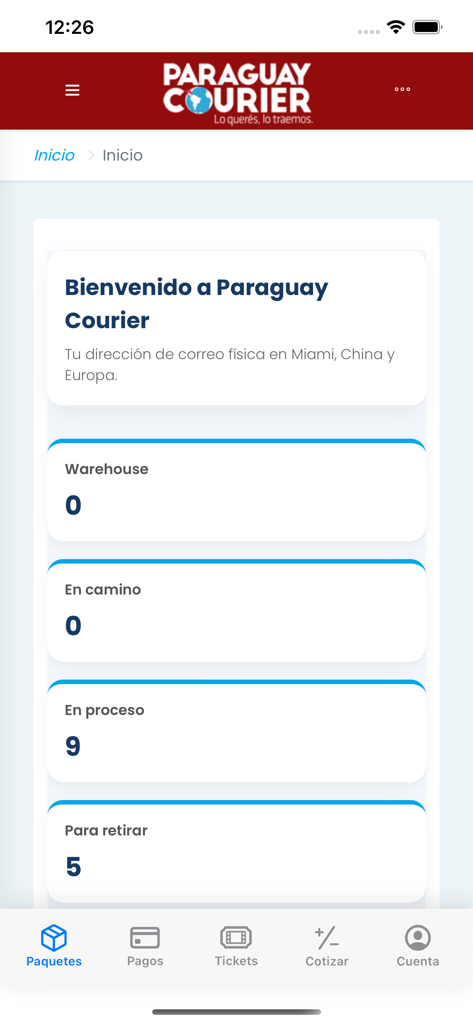 Paraguay Courier SRL - Paraguay Courier mobile app home screen showing package tracking status and shipping dashboard