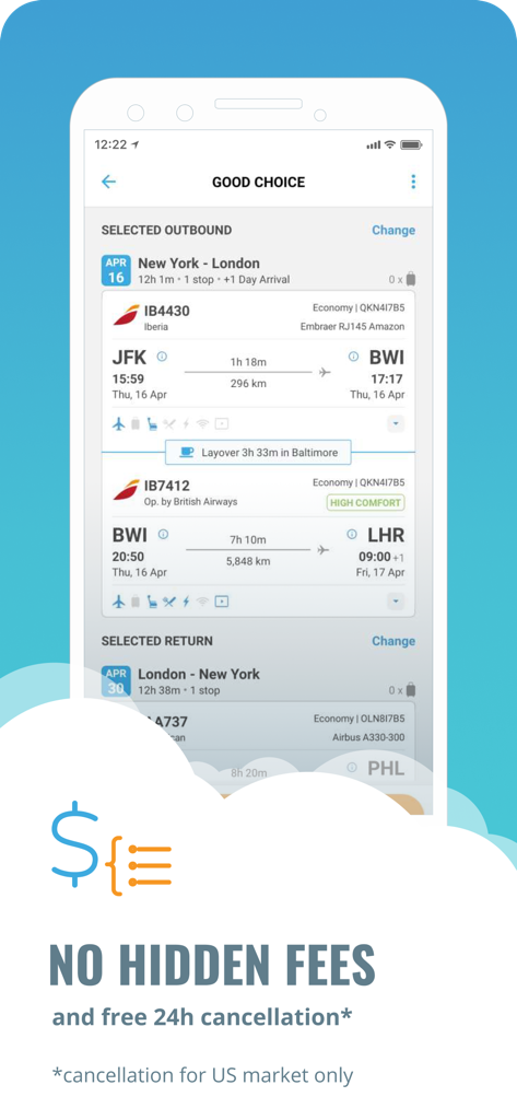 Fareboom Discount Flights - International flight itinerary display in Fareboom app with a no hidden fees guarantee