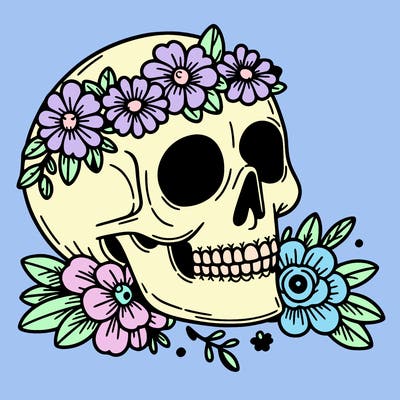 a skull with flowers coming out of it