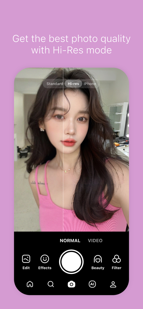 Comparaison de la qualité d'une photo de portrait utilisant la fonction mode Haute Résolution de l'application SNOW