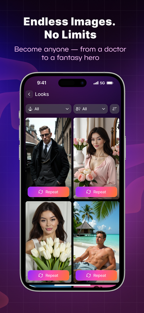 전문적이고 라이프스타일 스타일의 AI 생성 프로필 사진 갤러리를 보여주는 ReCrea.ai 앱 화면