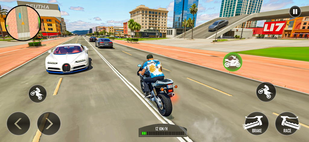 Urban Street Car Driver - A motorcycle driving through an open world city in the Urban Street Car Driver simulator.