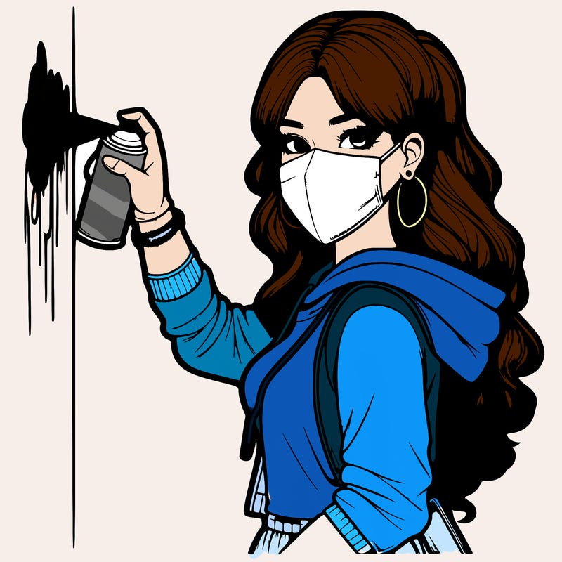 realistic girl with mask spray painting a wall