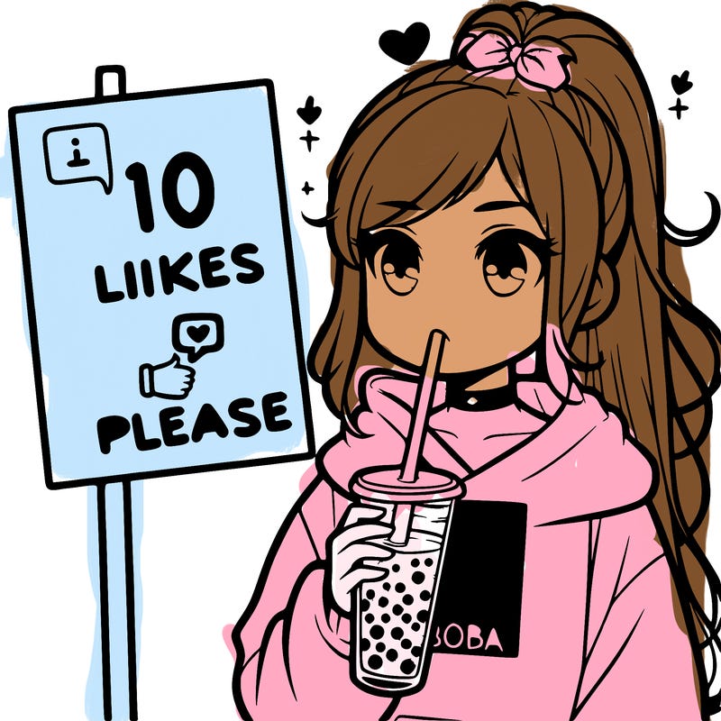 girl with a high ponytail and a hoodie drinking boba staring at a sign saying 10 likes please