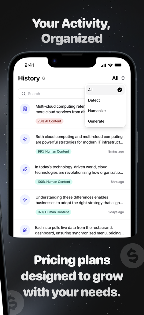 Un registro de historial en la aplicación Detector y Humanizador de IA que muestra porcentajes de detección de contenido de IA y humano