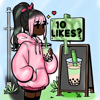 girl with oversized hoodie drinking boba and she has a high ponytail with a sign that says 10likes?