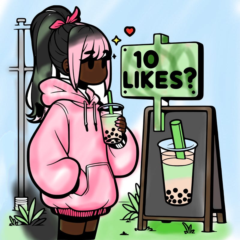 girl with oversized hoodie drinking boba and she has a high ponytail with a sign that says 10likes?