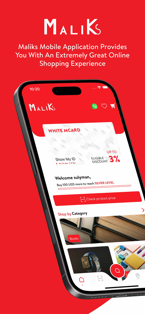 Interfaz de la aplicación móvil Maliks que muestra una tarjeta de fidelidad y la función de verificador de precios