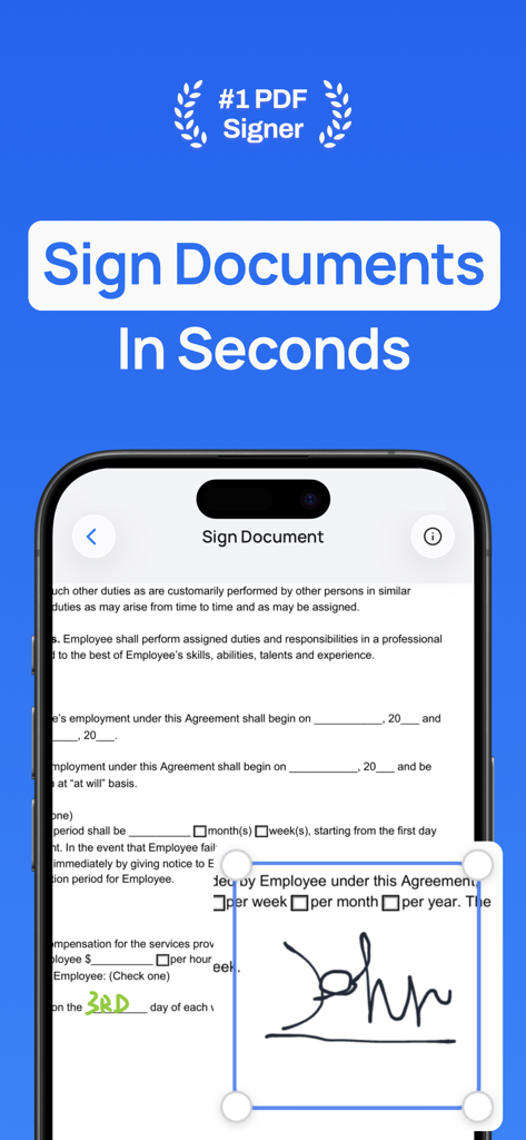 Signature Maker & PDF Signer - An iPhone screen displaying a document being signed with a digital signature using the Signature Maker and PDF Signer app.