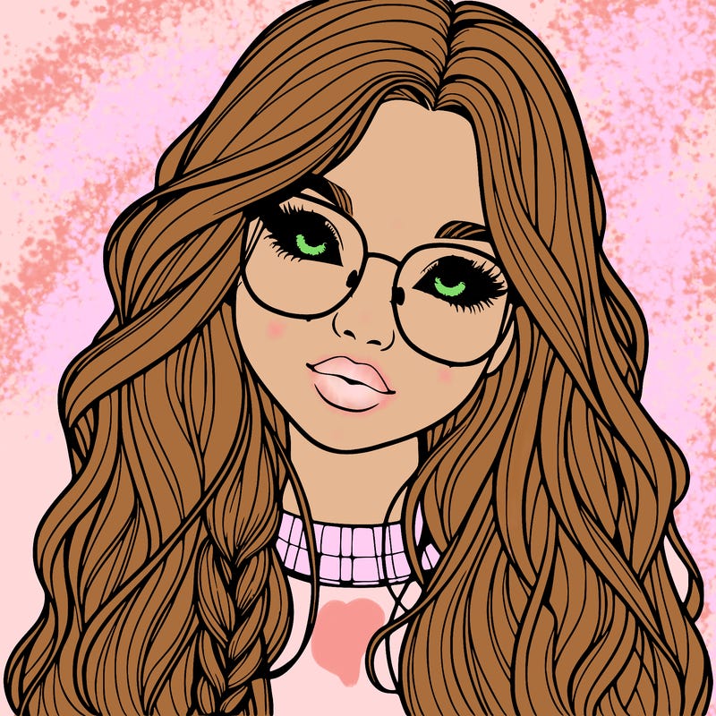 girl with long hair and freckles and glasses realistic
