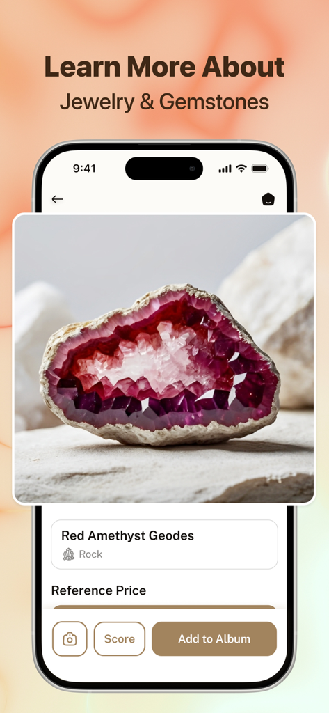 A mobile app screen identifying a red amethyst geode with options to see a reference price and add to an album.