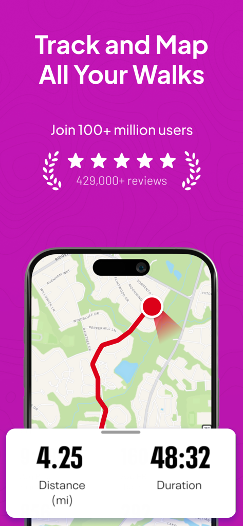 Map My Walk: Walking Tracker - Map My Walkアプリのインターフェース。距離と時間の統計情報が表示されたGPSルートマップ。