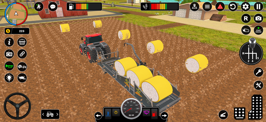 Real Tractor Farming Game - Um trator vermelho puxando um trailer com fardos de feno amarelos em um jogo de simulação agrícola 3D