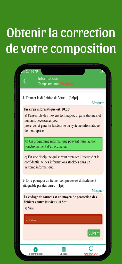 Detailed exam correction screen on the Hazon School app showing computer science quiz results with green and red answer highlights.