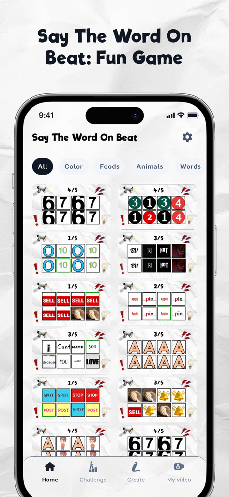 Say The Word on Beatゲームのホーム画面。さまざまなリズム単語チャレンジレベルが表示されている。