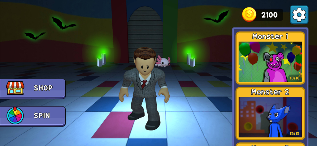 100 Monsters Game: Escape Room - A character in a suit stands in a 3D room next to a monster selection menu in 100 Monsters Game Escape Room.