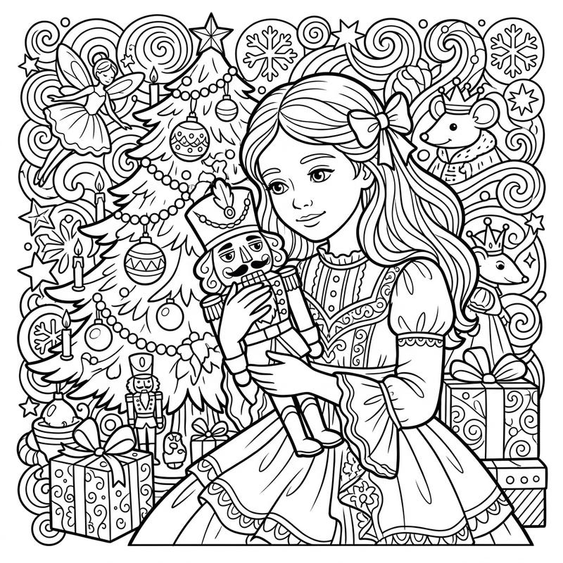 Immerse young artists in the enchanting world of The Nutcracker ballet with this delightful Clara Stahlbaum coloring page. Featuring the beloved heroine and her Nutcracker doll amidst festive Christmas elements, it's perfect for sparking holiday creativity.