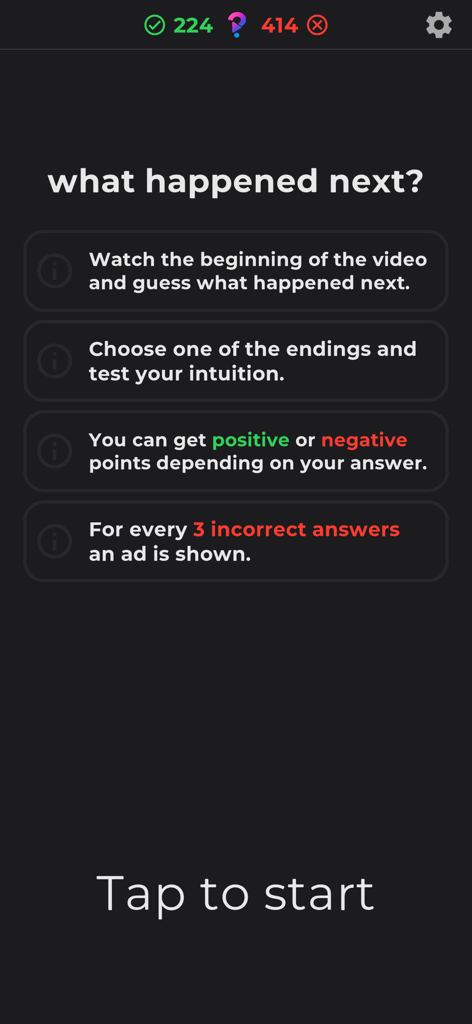 what happened next? - The start screen of the what happened next app featuring gameplay instructions and a tap to start button