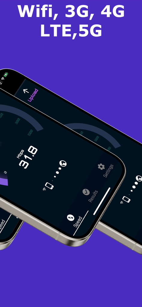 Interfaccia dell'app SpeedTest che mostra la velocità di upload e il supporto per reti Wifi 3G 4G LTE e 5G