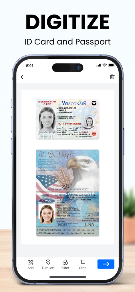 A smartphone displaying the LightPDF Scanner app interface digitizing a Wisconsin ID card and a US passport.