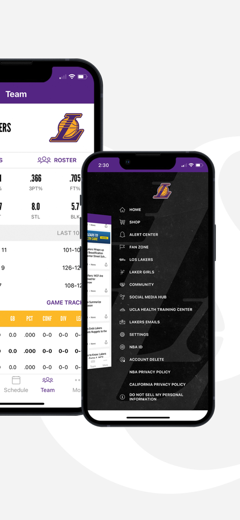 Two smartphones displaying the LA Lakers official app side menu and team statistics screens