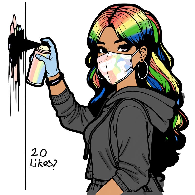 realistic girl with mask spray painting a wall