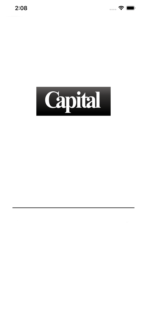 Écran de démarrage de l'application Capital présentant le logo du magazine en noir et blanc