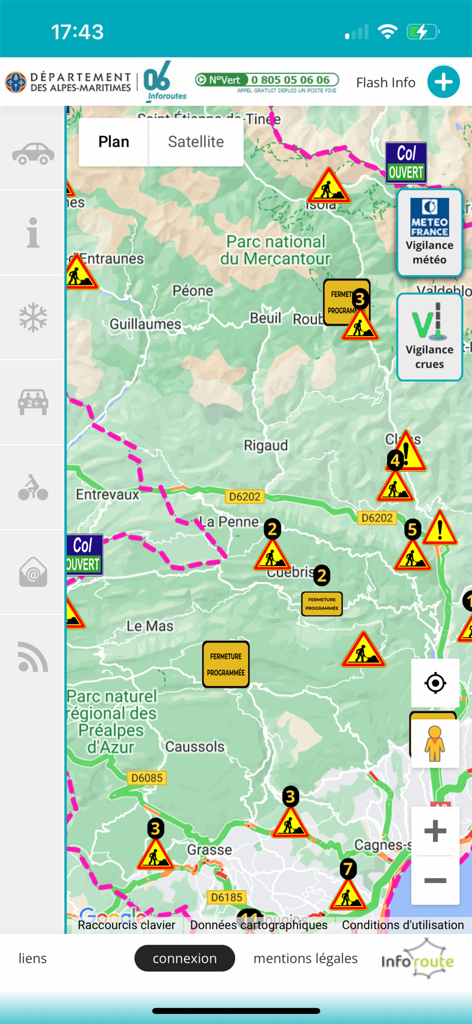 Inforoutes 06 - Real time traffic map of the Alpes Maritimes region showing road conditions and weather alerts