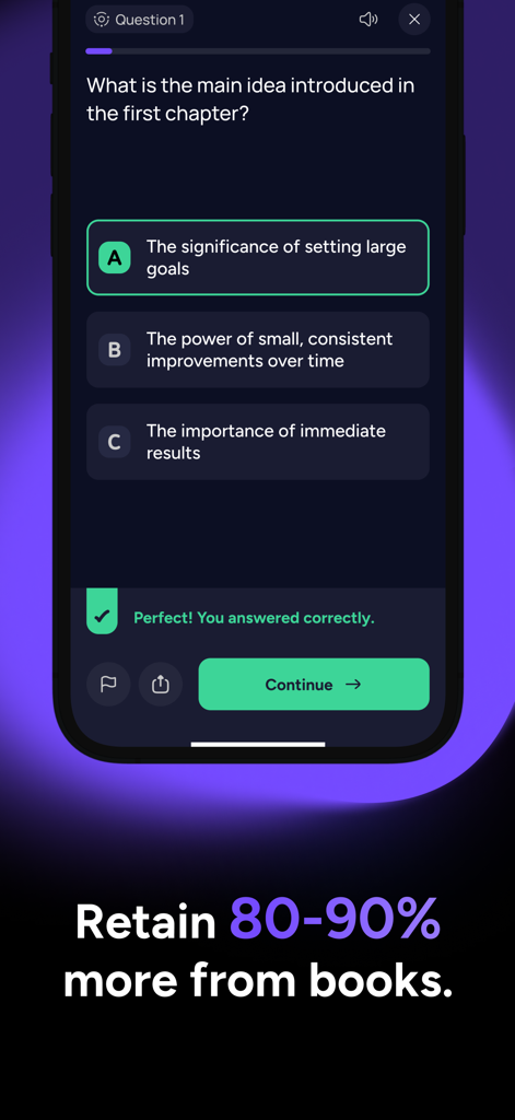Bookgenius: Read Books Faster - A mobile app screen from BookGenius showing a multiple choice quiz question and a success message to help with book knowledge retention.