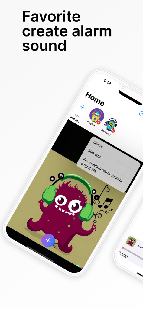 Interfaccia dell'app Alarm sound maker che mostra la schermata principale con playlist audio personalizzate e opzioni di gestione del suono.