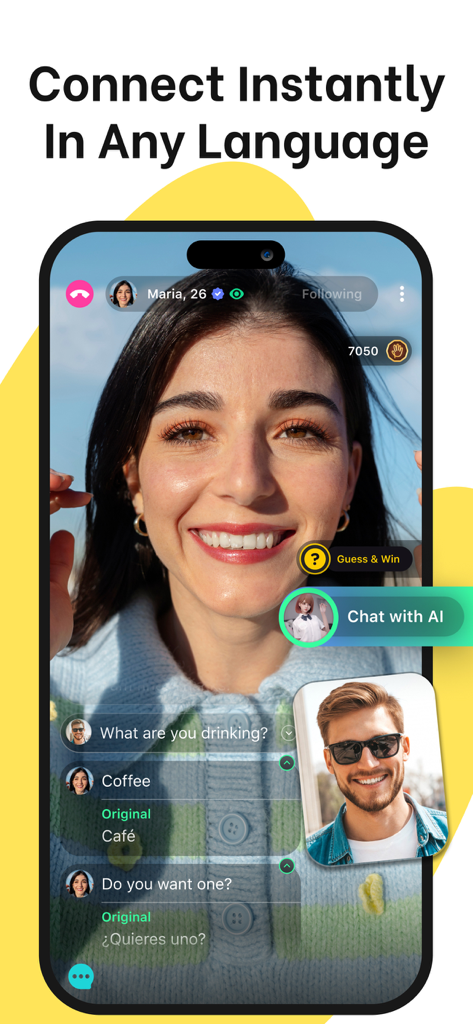 Juds- AI Friend & Chat - Interfaz de la aplicación Juds mostrando una videollamada con traducción de idiomas en tiempo real para conversaciones internacionales.