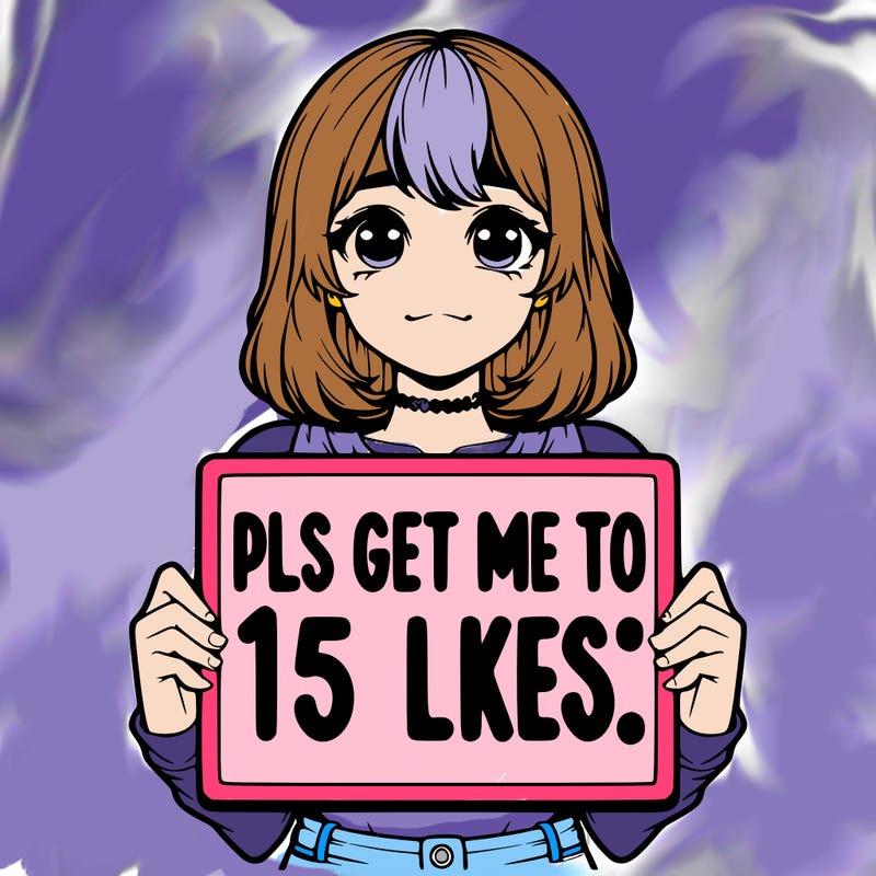 realistic girl holding up a sign that says “pls get me to 15 likes!”