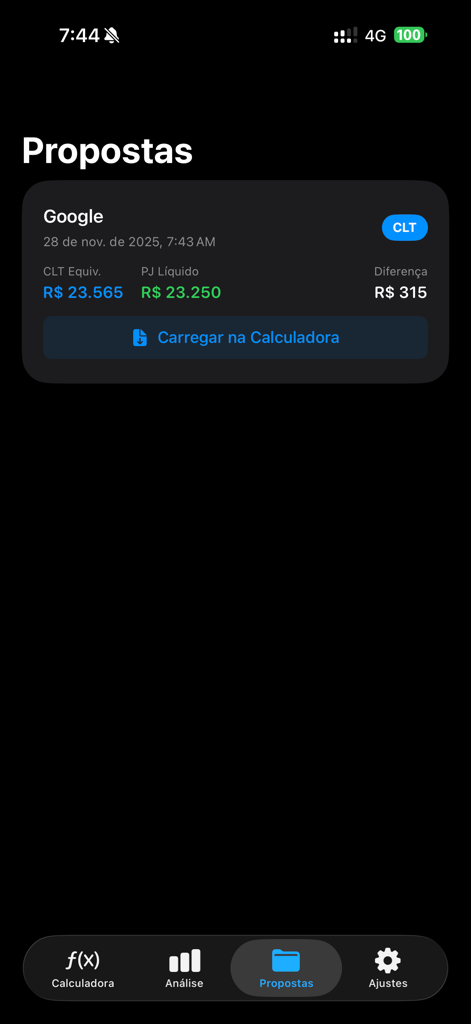 Uma tela mostrando uma proposta de emprego salva do Google comparando salários líquidos CLT equivalente e PJ com o cálculo da diferença financeira.