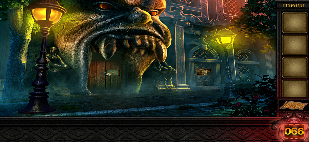 Eerie monster-shaped entrance to a gothic mansion in a room escape mystery game