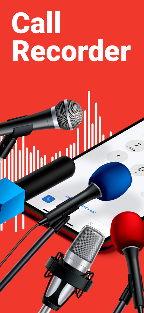 Call Recorder HD - Call Recorder HD app interface with professional microphones on a red background