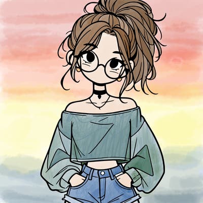girl with a messy ponytail glasses a baggy crop top and jean shorts
