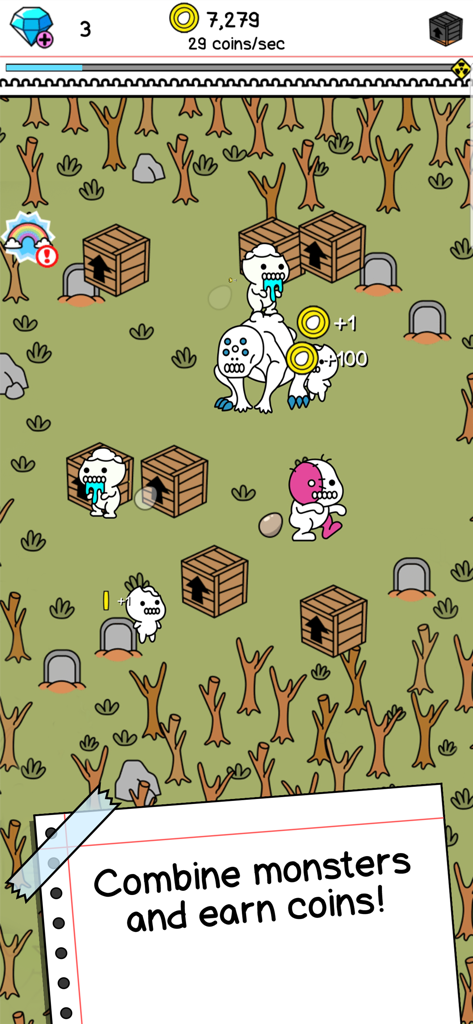 Doodle style zombies in a forest setting with a text overlay saying combine monsters and earn coins