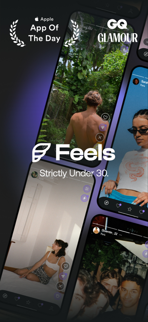 Feels Dating App: Chat & Date - 30세 미만 사용자를 위한 스토리 기반 프로필을 보여주는 Feels 데이팅 앱 인터페이스
