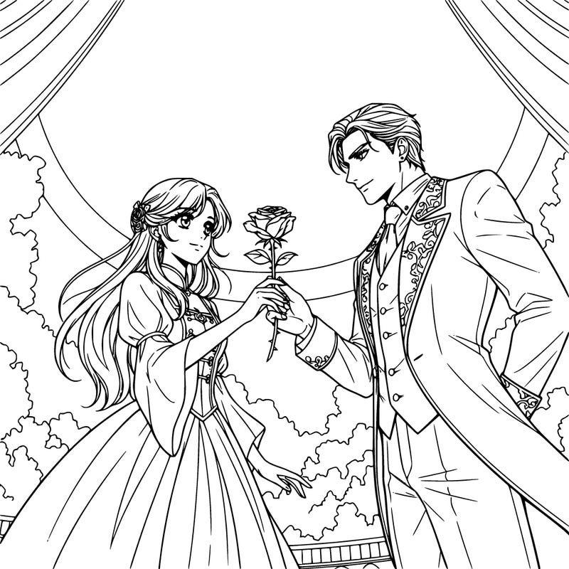 anime girl accepting a rose from a handsome man .