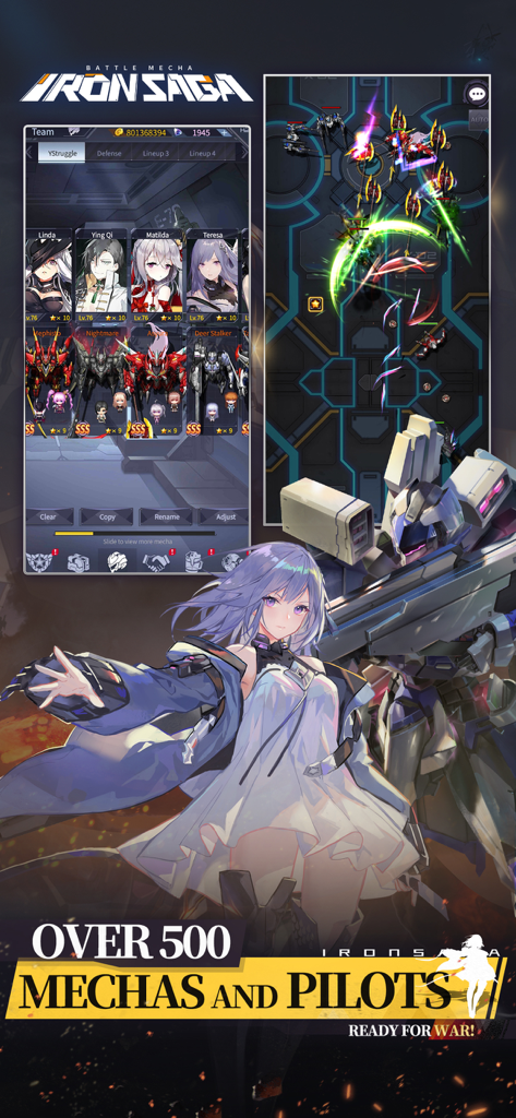 Iron Saga – Epic Robot Battler - Iron Saga game screenshot featuring anime pilots and top down mecha combat gameplay