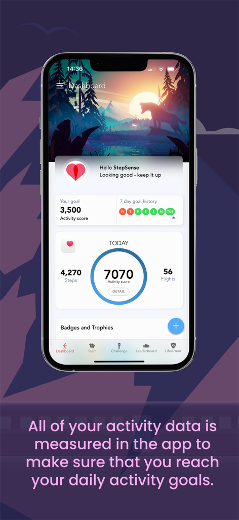 StepSense - Panel de la aplicación StepSense en un iPhone que muestra la puntuación de actividad de pasos diarios y el historial de objetivos