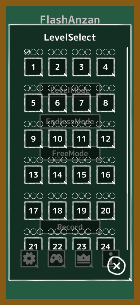 Flash Anzan Brain Training - Menú de selección de nivel para la aplicación de entrenamiento cerebral Flash Anzan que muestra etapas numeradas sobre un fondo de pizarra.
