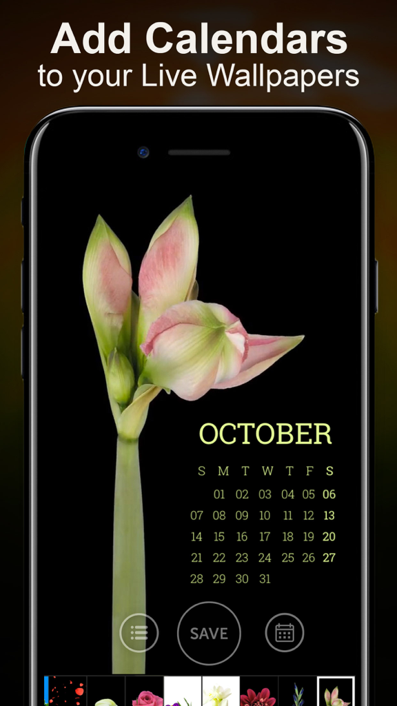 Live Wallpapers Unlimited - iPhone screen showing a floral live wallpaper with an October calendar overlay