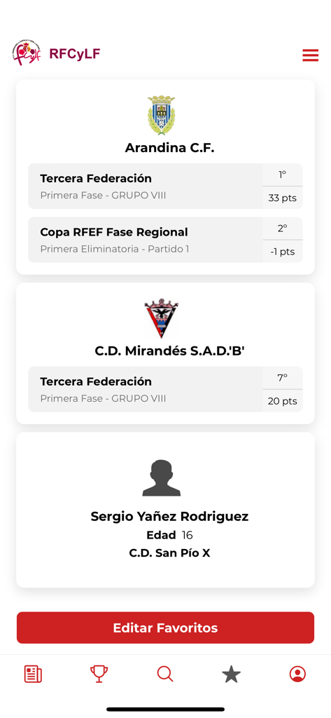 Interface of the RFCYLF app displaying favorite soccer teams and player statistics