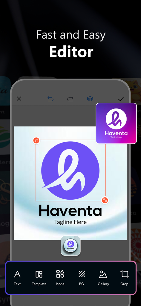 AI Logo Maker: Flyer Generator - AI Logo Maker app showing the logo editor interface with tools for text, templates, icons, and background to design a Haventa brand logo.