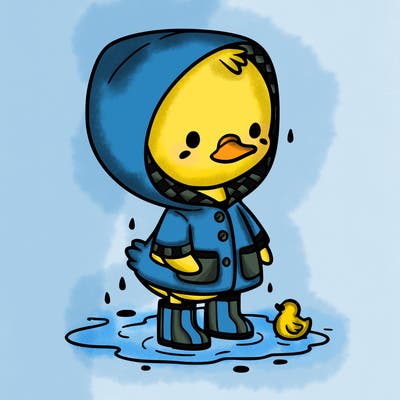 baby duck in a rain coat and boots, in a puddle while it’s raining