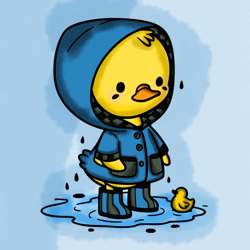 baby duck in a rain coat and boots, in a puddle while it’s raining